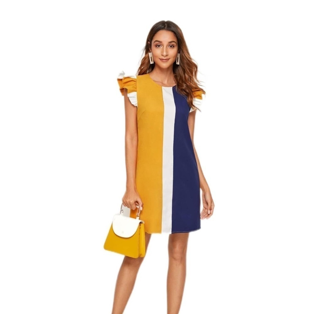 Shein Yellow White & Navy Blue Striped Ruffle Cap Sleeve Shift Dress XL